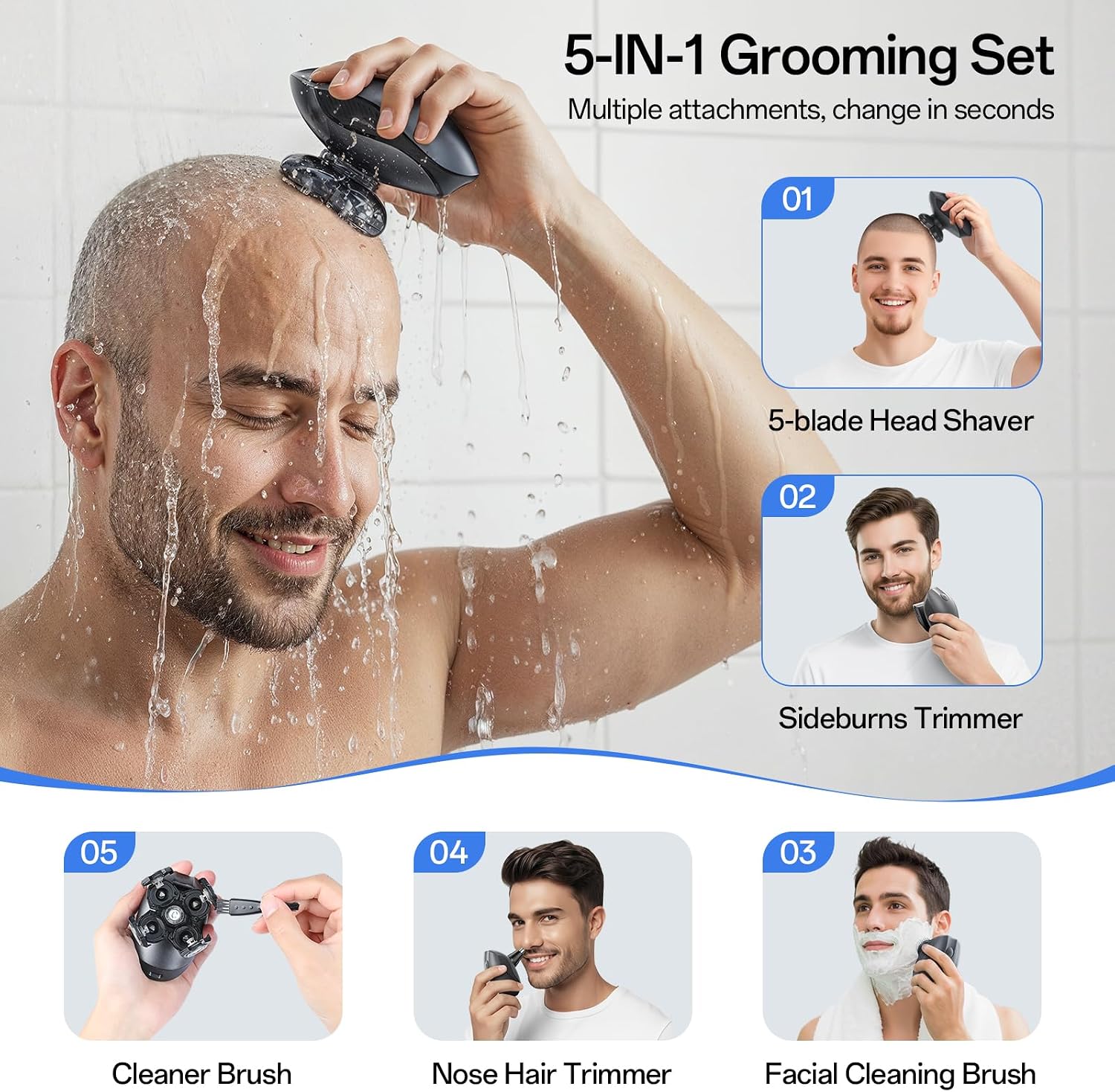 Detalle de Electric Razor for Men: 5-in-1 5D Floating Head Shaver Set (Golden)