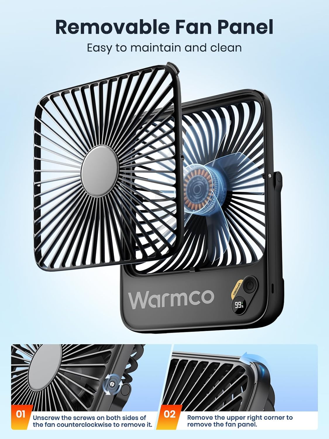 Thumbnail 5 de Warmco 10000mAh Portable Desk Fan (21cm) with Digital Display and USB-C Charging
