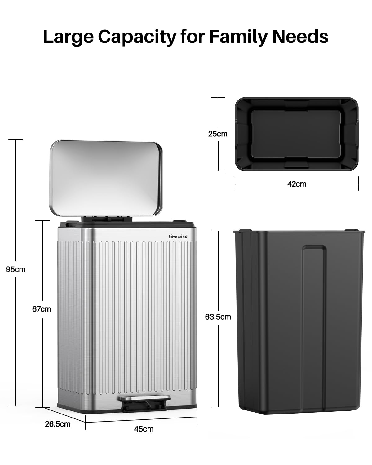 Detalle de Lovewind 60L keukenafvalbak van RVS met pedaal en softclose