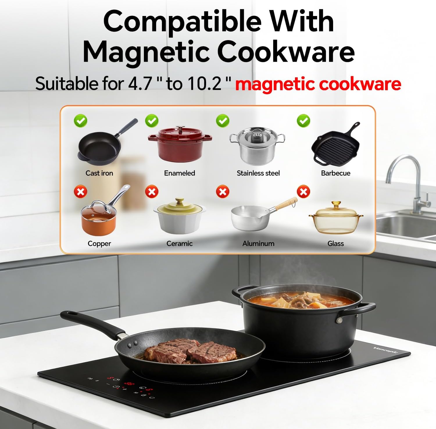 Detalle de VancEpic 12-Inch 2-Burner Induction Cooktop, 1800W, 9 Power Levels