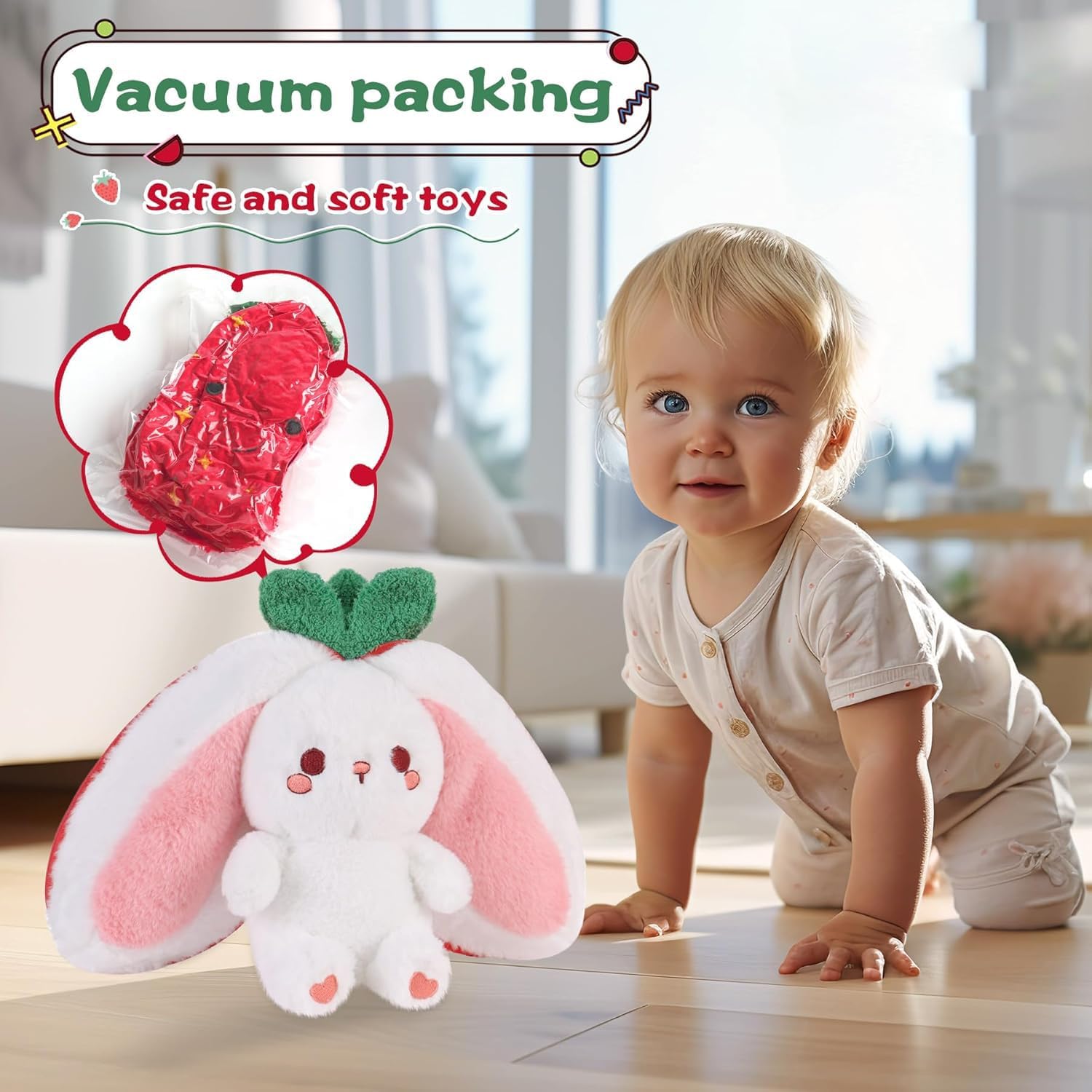Detalle 2 de seOSTO Easter Strawberry Bunny Plush (7 inch / 18cm) reversible rabbit with zipper