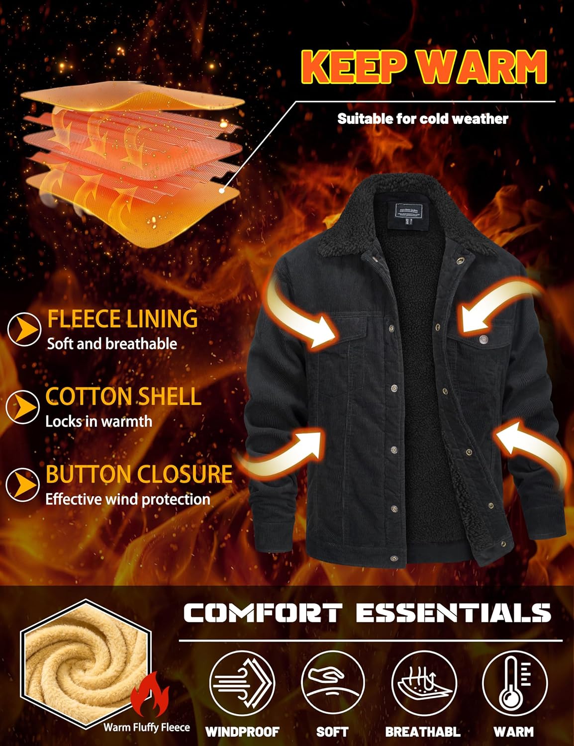 Detalle 2 de MAGNIVIT MT-481-L22M687 Men's Corduroy Jacket, Fleece-Lined, 5 Pockets