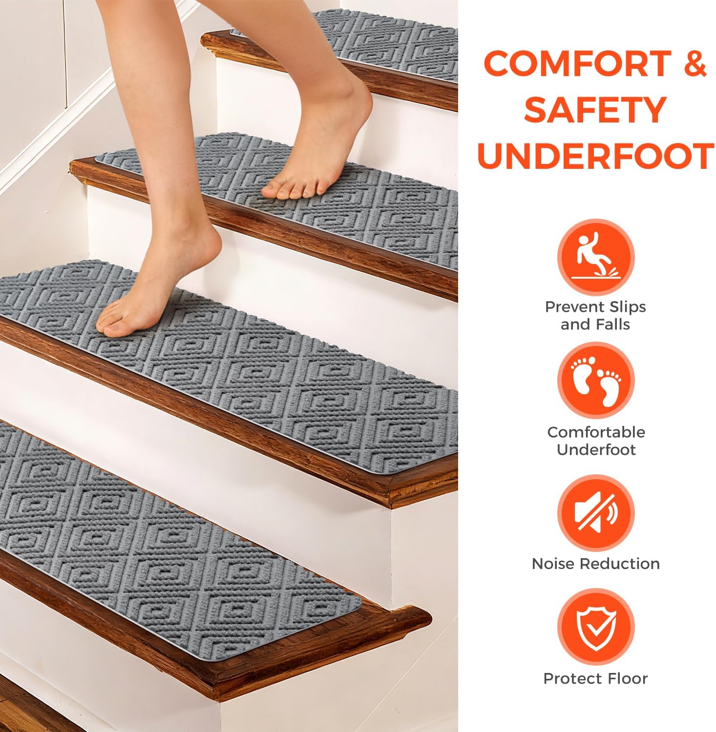 Detalle de BAGAIL BASICS 15-Pack Non-Slip Stair Treads, 8" x 30", Light Gray
