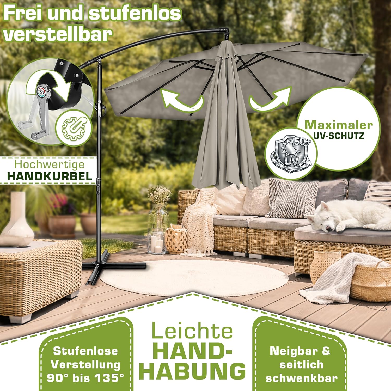 Thumbnail 2 de tillvex Alu Sonnenschirm 3 m Ø mit Kurbel und Abdeckung – Ampelschirm mit Ständer, Windschutz und 360° Drehung