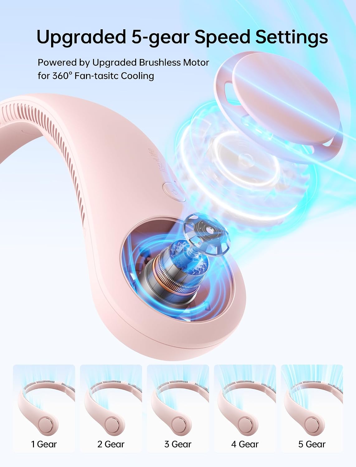 Detalle de JISULIFE Portable Neck Fan (Pink) — Hands-Free, Bladeless Personal Fan with 5 Speeds and 4000 mAh Battery