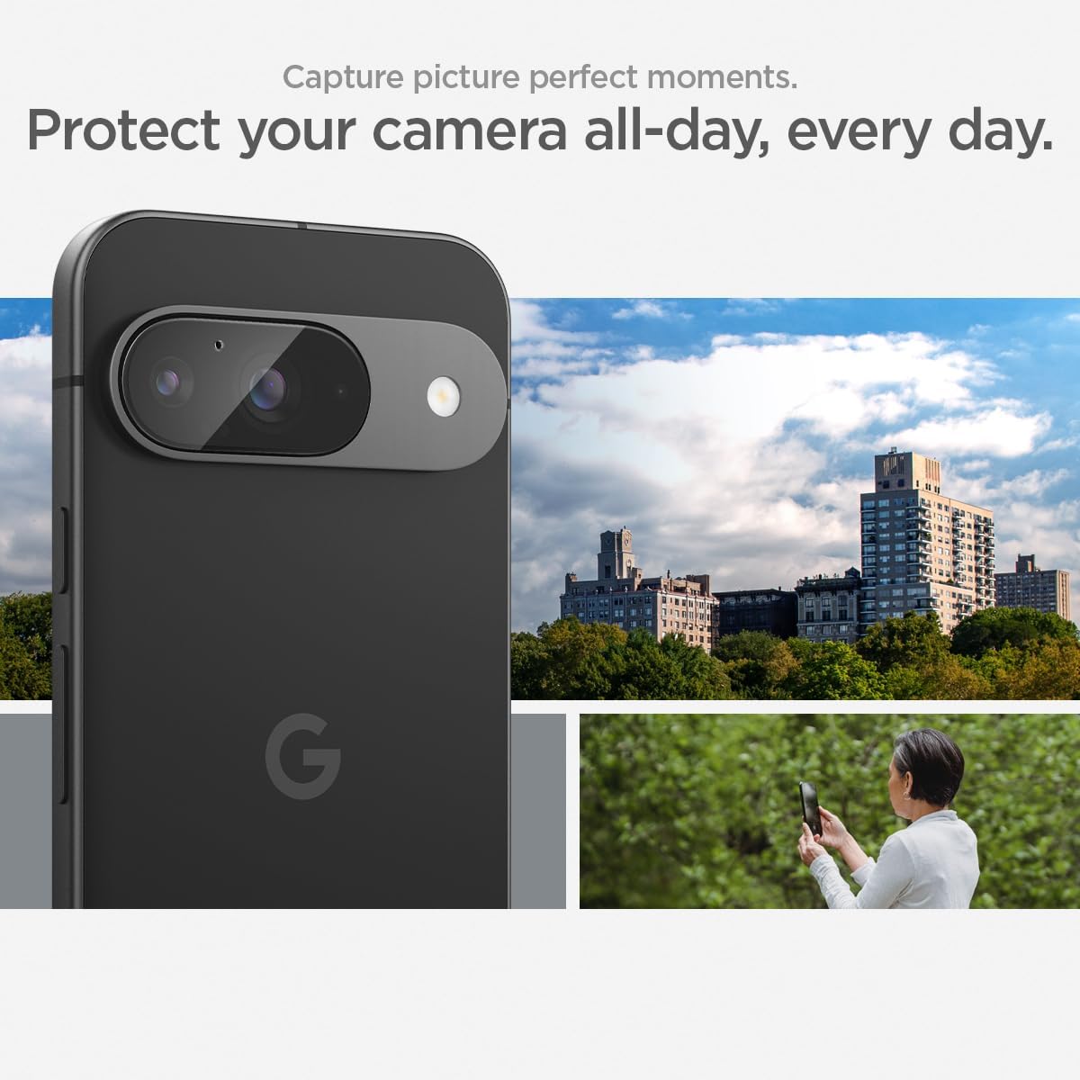 Detalle de Spigen Glas.tR EZ Fit Optik – pellicola proteggi fotocamera per Google Pixel 9 (cristallino, 2 pezzi), installazione facile