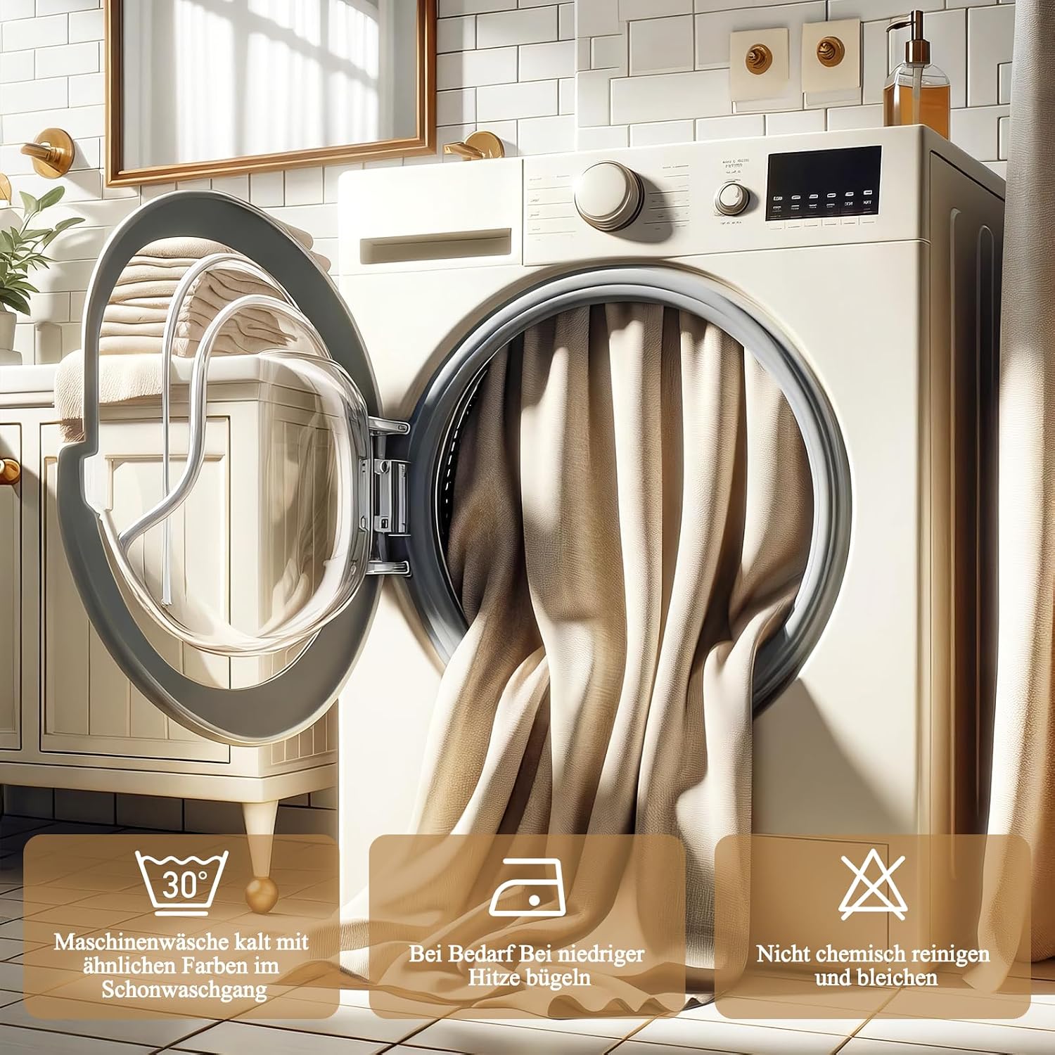 Thumbnail 5 de EurCross rideau de douche en lin texturé 180 x 160 cm beige, tissu polyester lourd imperméable avec 12 anneaux