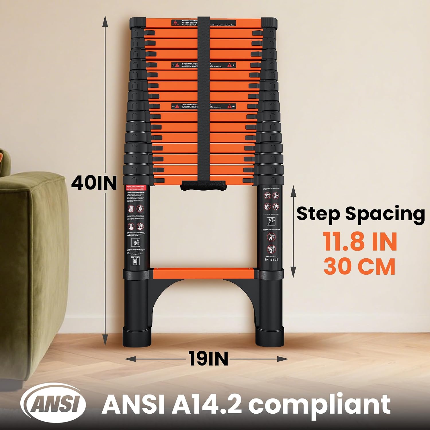Thumbnail 1 de SINMEIRUN 16.5 Ft Pro Telescoping Ladder — ANSI A14.2 Certified, 330 lb Capacity, Orange