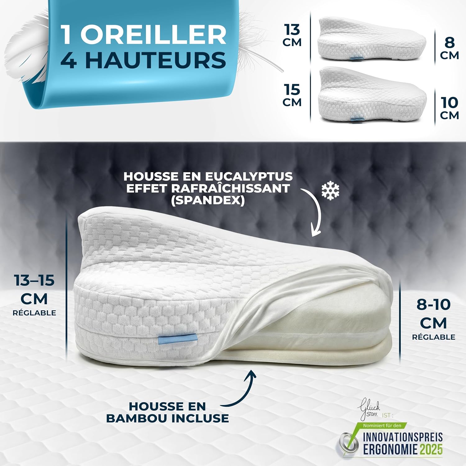 Thumbnail 1 de Glückstoff® Oreiller Ergonomique Allrounder en mousse à mémoire de forme, pour dormir sur le côté