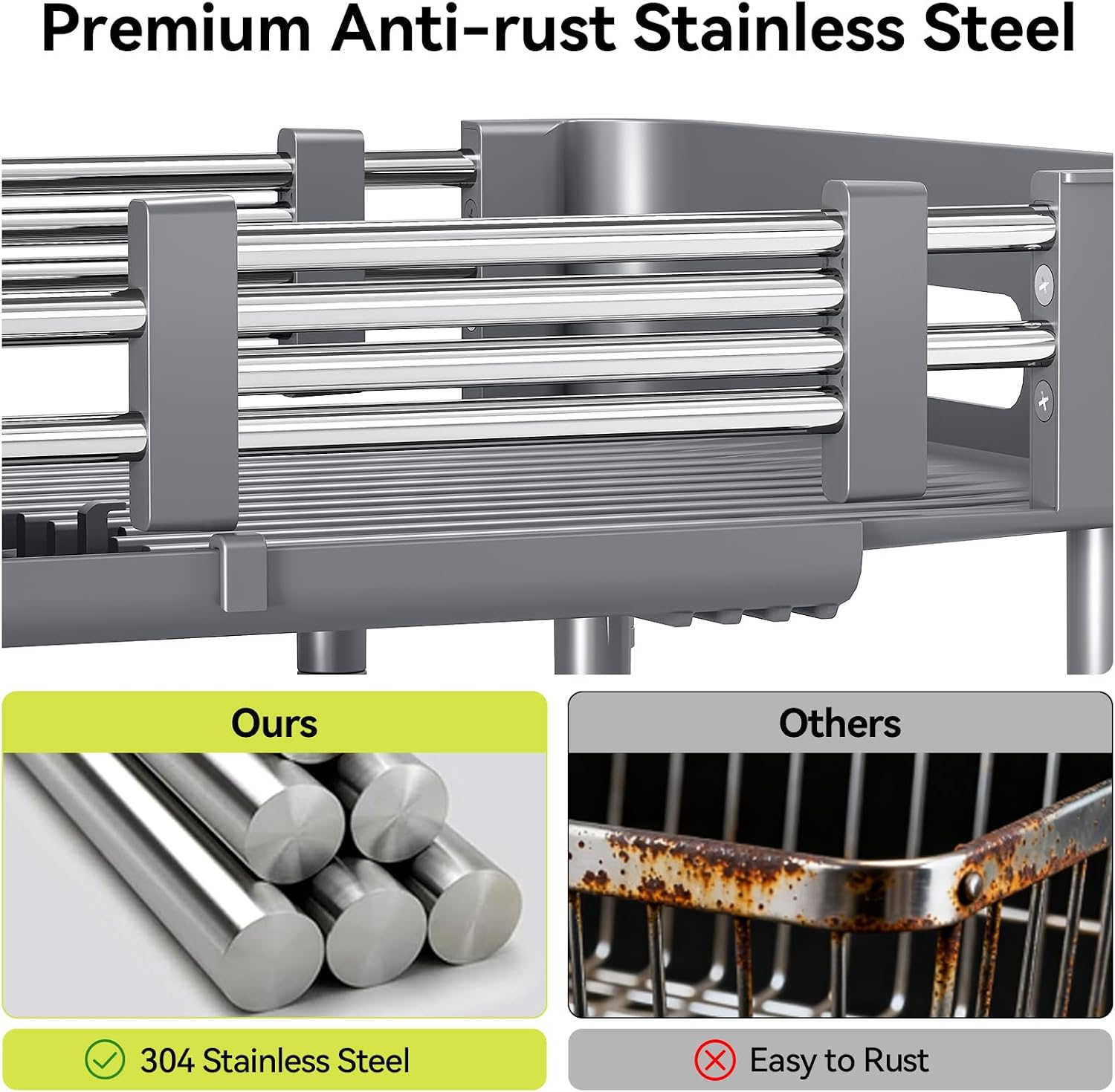 Detalle 1 de Urackify Extendable Stainless Steel Dish Drying Rack, Grey, 18.7-Inch Length