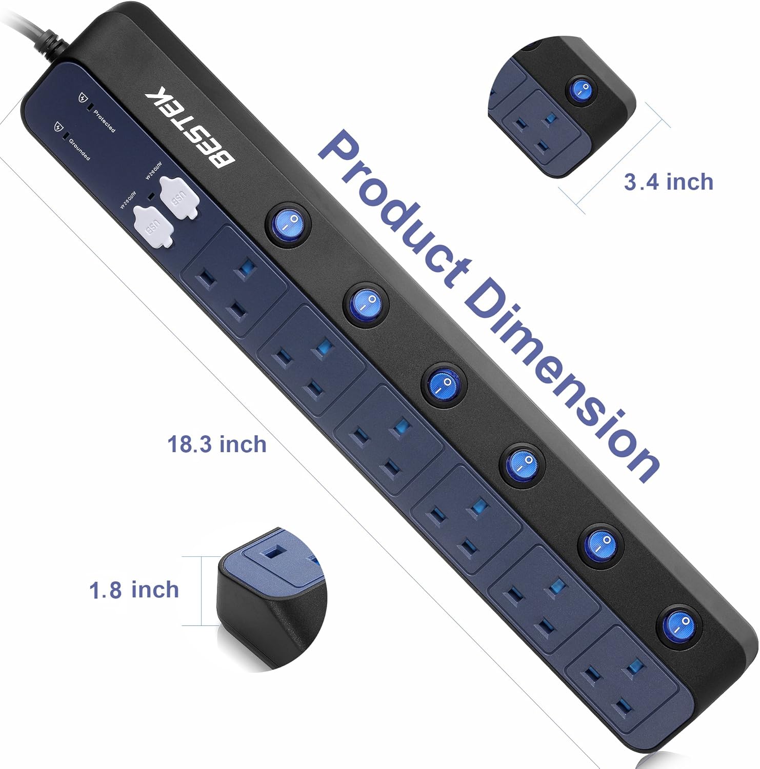 Thumbnail 6 de BESTEK 6-Way Individually Switched Extension Lead with 900J Surge Protection and 4-Port USB (5V/2.4A each) – 1.8m
