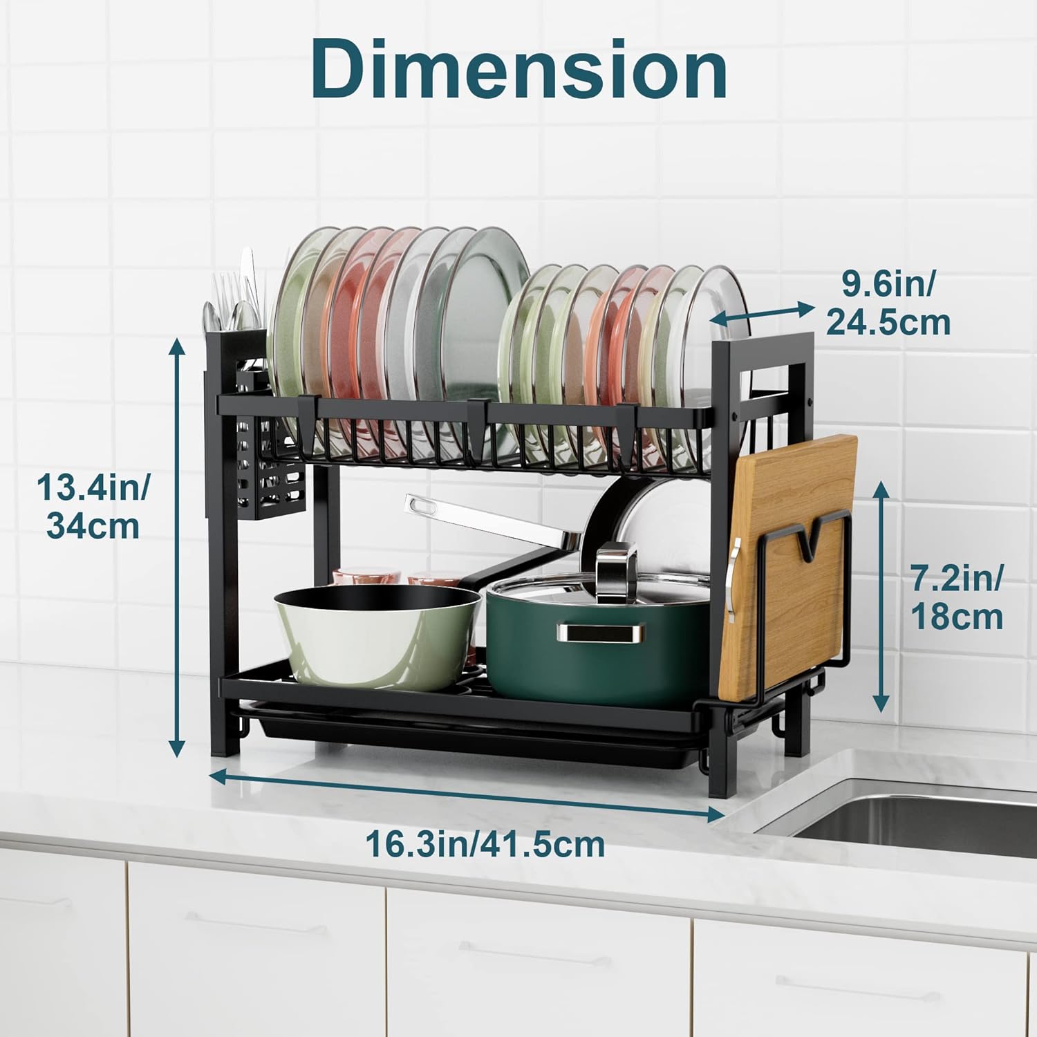 Thumbnail 6 de Black 2-Tier Dish Drainer with Utensil Holder and Drip Tray (43.5 x 24.5 x 34.5)