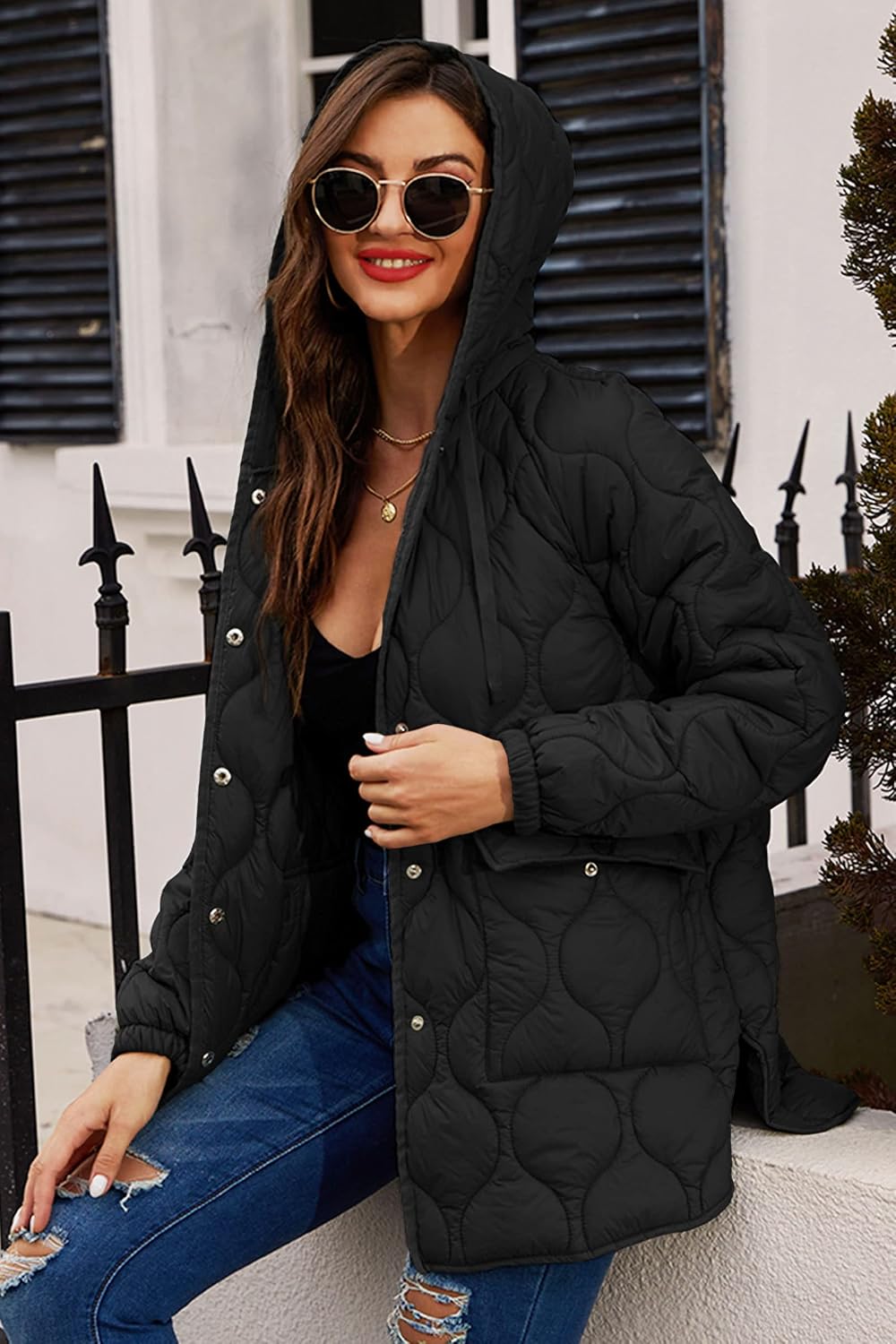 Detalle de RISISSIDA Women's Quilted Hooded Puffer Jacket, Lightweight and Packable