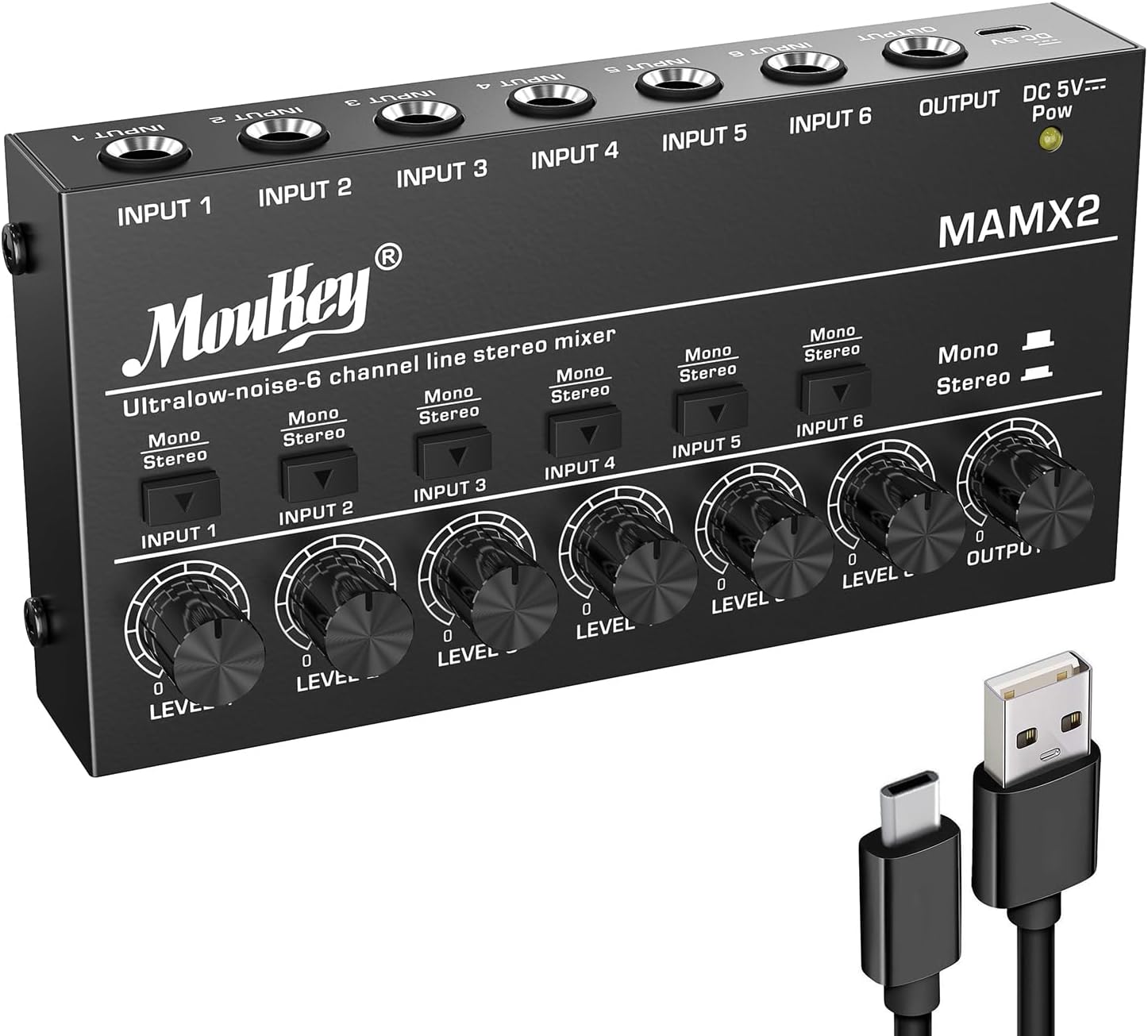 Detalle de Moukey MAMX1 4チャンネルラインミキサー、DC 5V・ステレオ/モノラル切替対応