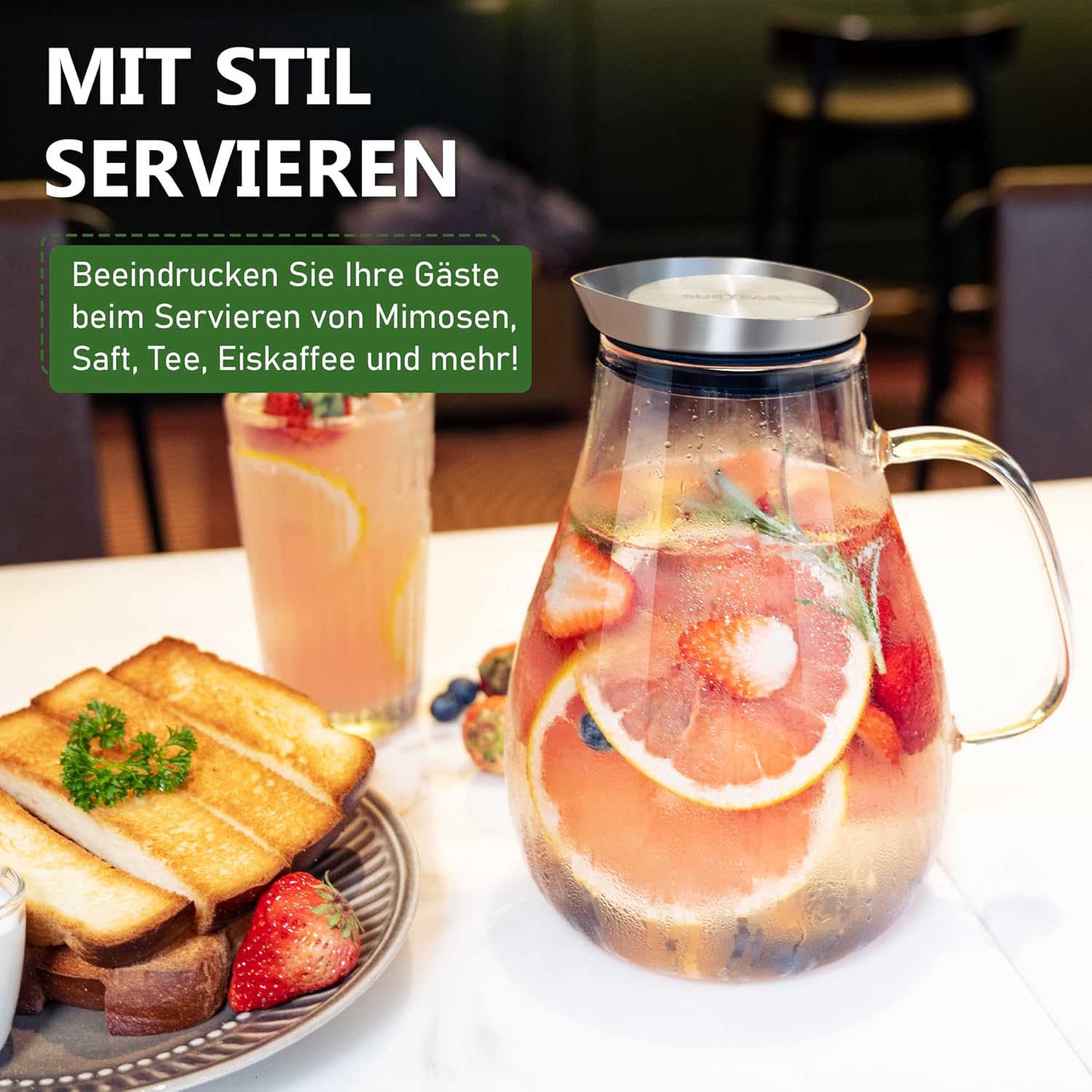 Thumbnail 5 de SUSTEAS 2-Liter Glas-Karaffe mit Deckel und Auslauf (Borosilikat, SUS304) – für Wasser, Eistee & mehr