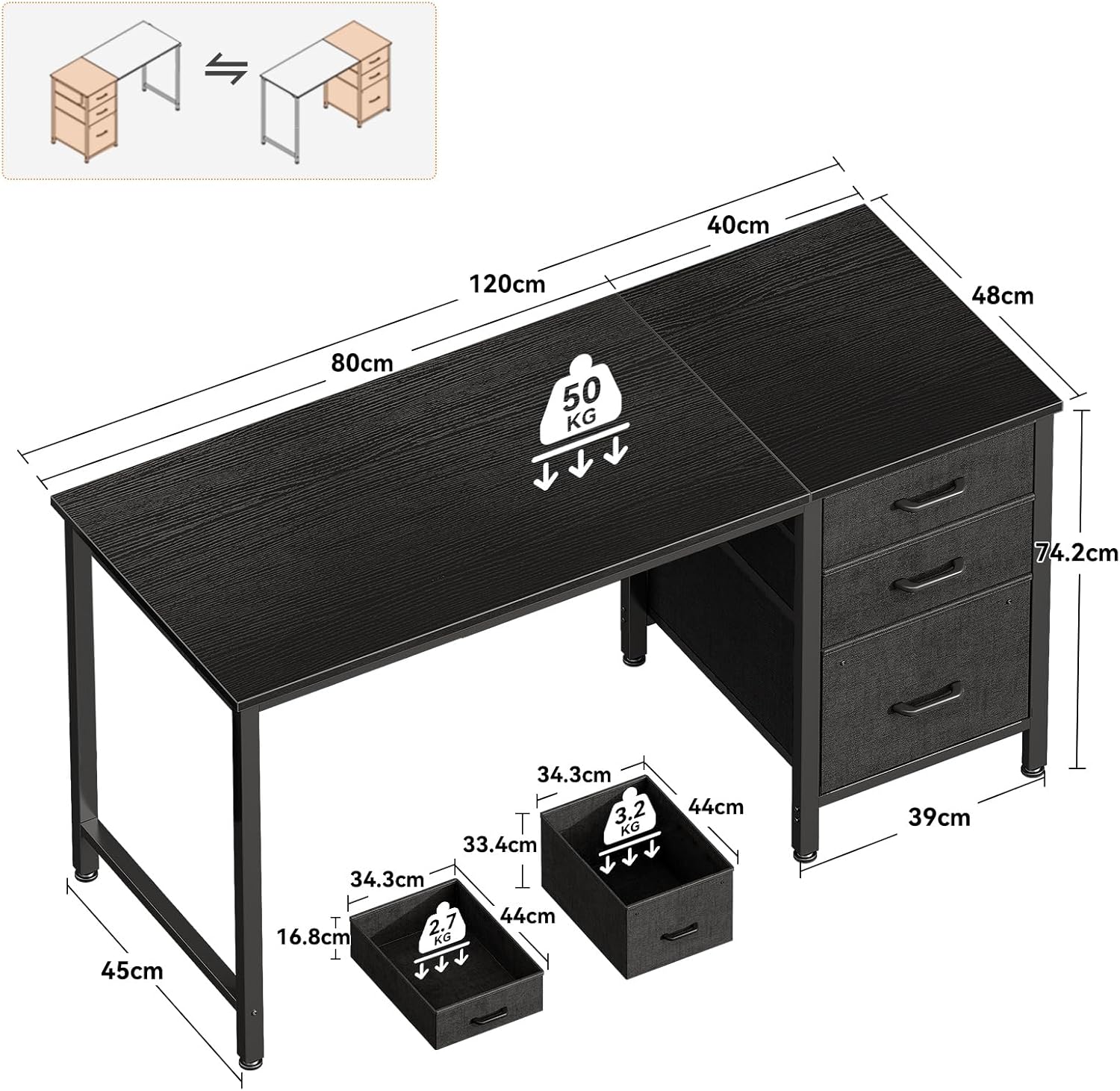 Thumbnail 2 de Coleshome Scrivania reversibile con 3 cassetti in tessuto 120x48 cm per piccolo ufficio in casa, nero