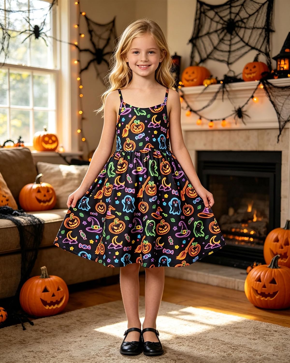 Detalle de Funnycokid Girls’ A-Line Dress Set with Adjustable Straps and Long-Sleeve Top