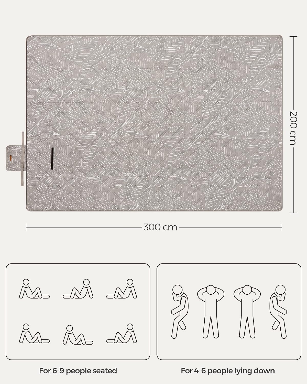 Detalle de SONGMICS Picnic Blanket 300 x 200 cm with Ground Pegs – Leaf Pattern in Khaki