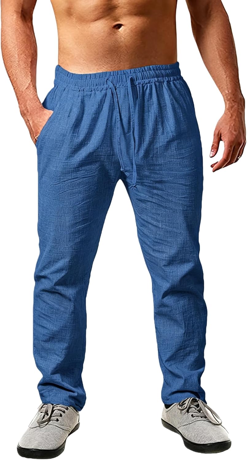Detalle de Cegerne Pantaloni in Lino Estivi Uomo: Pantaloni larghi, vita elastica e coulisse in blu reale XXL