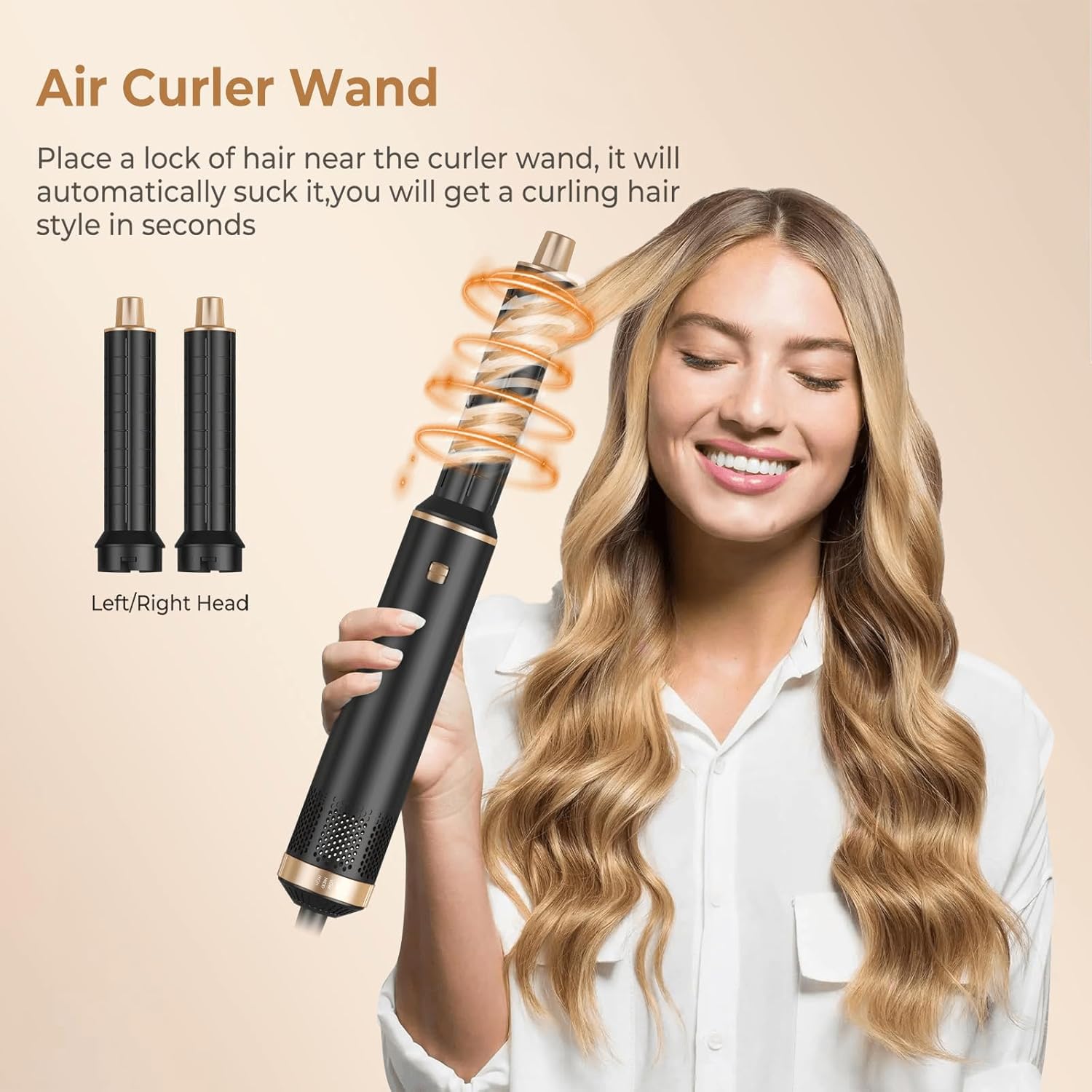 Detalle de UKLISS Hairstyler 5 in 1 Airbrush Haarstyler – Pro Air Styler Set, 1000 W, Schwarz-Gold