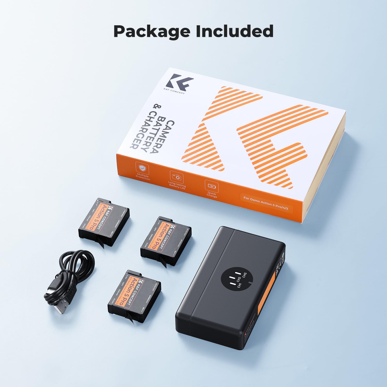 Thumbnail 6 de K&F CONCEPT Osmo Action 5 Pro Akku-Pack (3er-Set) mit 3-Fach-Ladegerät, 2100-mAh-Akkus – kompatibel zu DJI Osmo Action 6/5 Pro/4/3