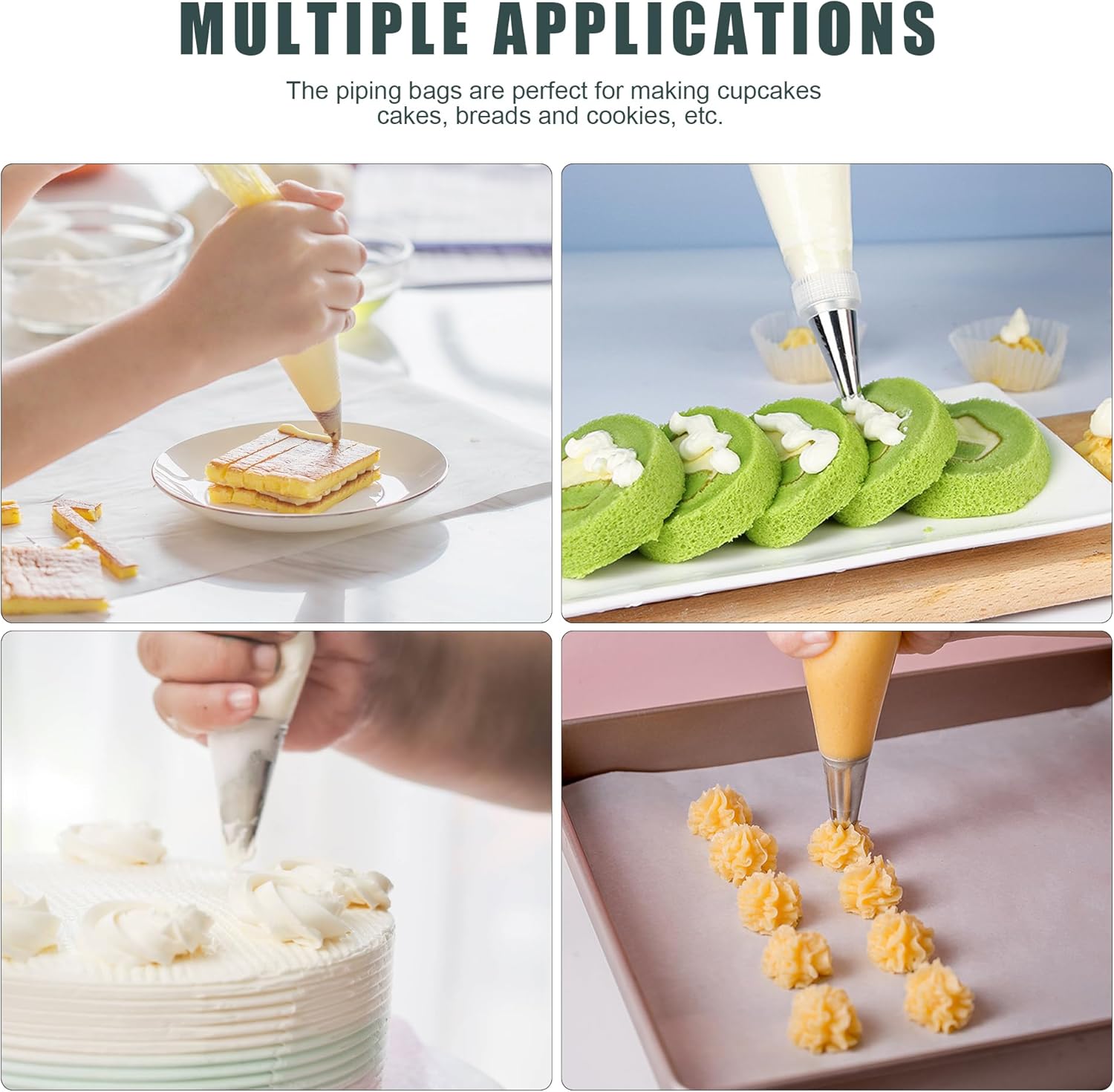 Detalle de Piping Bags and Tips Set (100 Disposable 12-Inch Pastry Bags, 16 Stainless Steel Tips, 2 Couplers) with Scrapers & Bag Ties