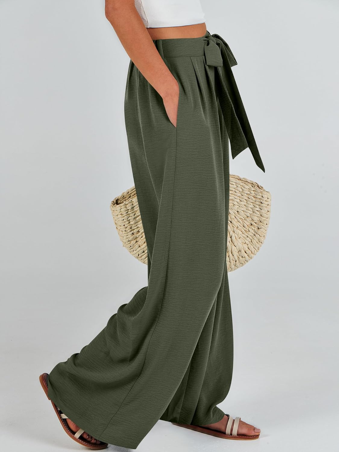 Detalle de Caracilia Wide Leg Palazzo Pants for Women – Summer High Waist, Flowing Beach Ready Lounge Trousers