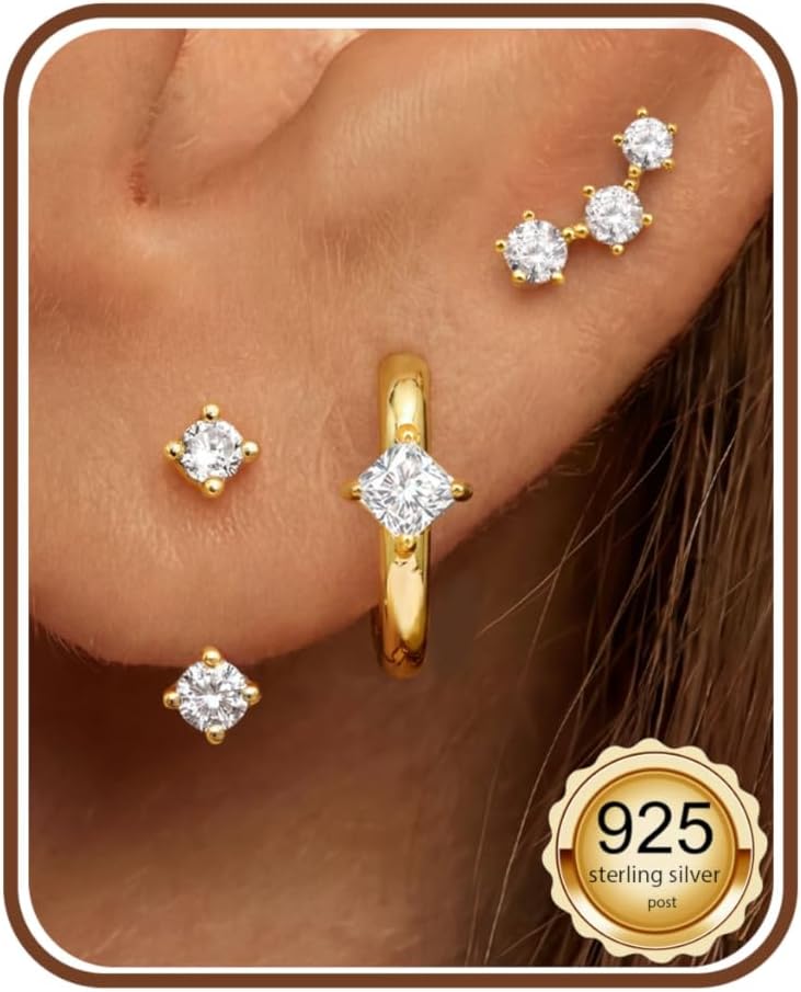 Thumbnail 6 de JeweBella 3er-Set Ohrringe aus 925 Sterling-Silber (14 Karat vergoldet) – kleine Ohrstecker, Creolen & Zirkonia