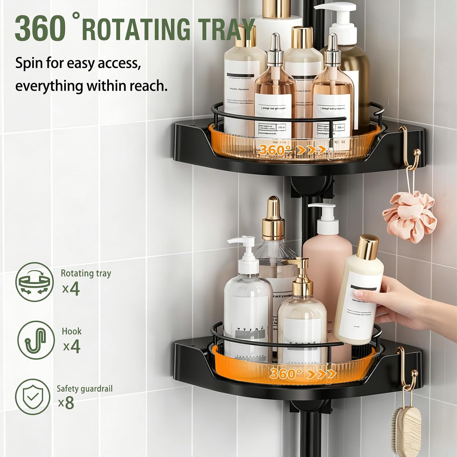Thumbnail 2 de shuang qing 360° Rotating Corner Shower Caddy Tension Pole Organizer (4-Tier Adjustable, Black)
