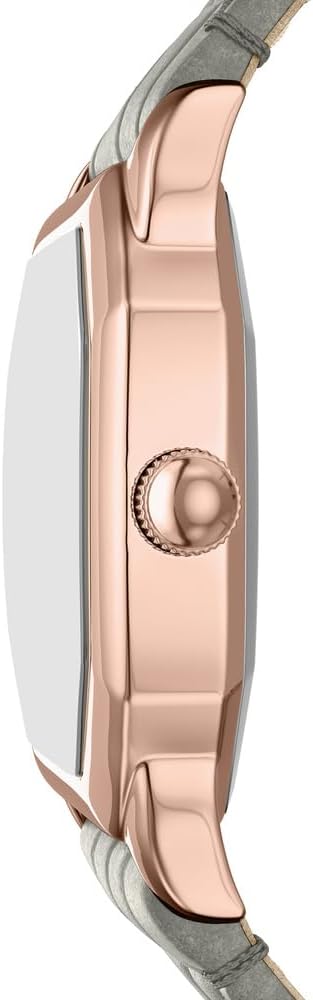 Detalle de Fossil Harlow Damenuhr – Roségold, Quadrat-Design, Quarz-Dreizeigerwerk, graues Lederarmband