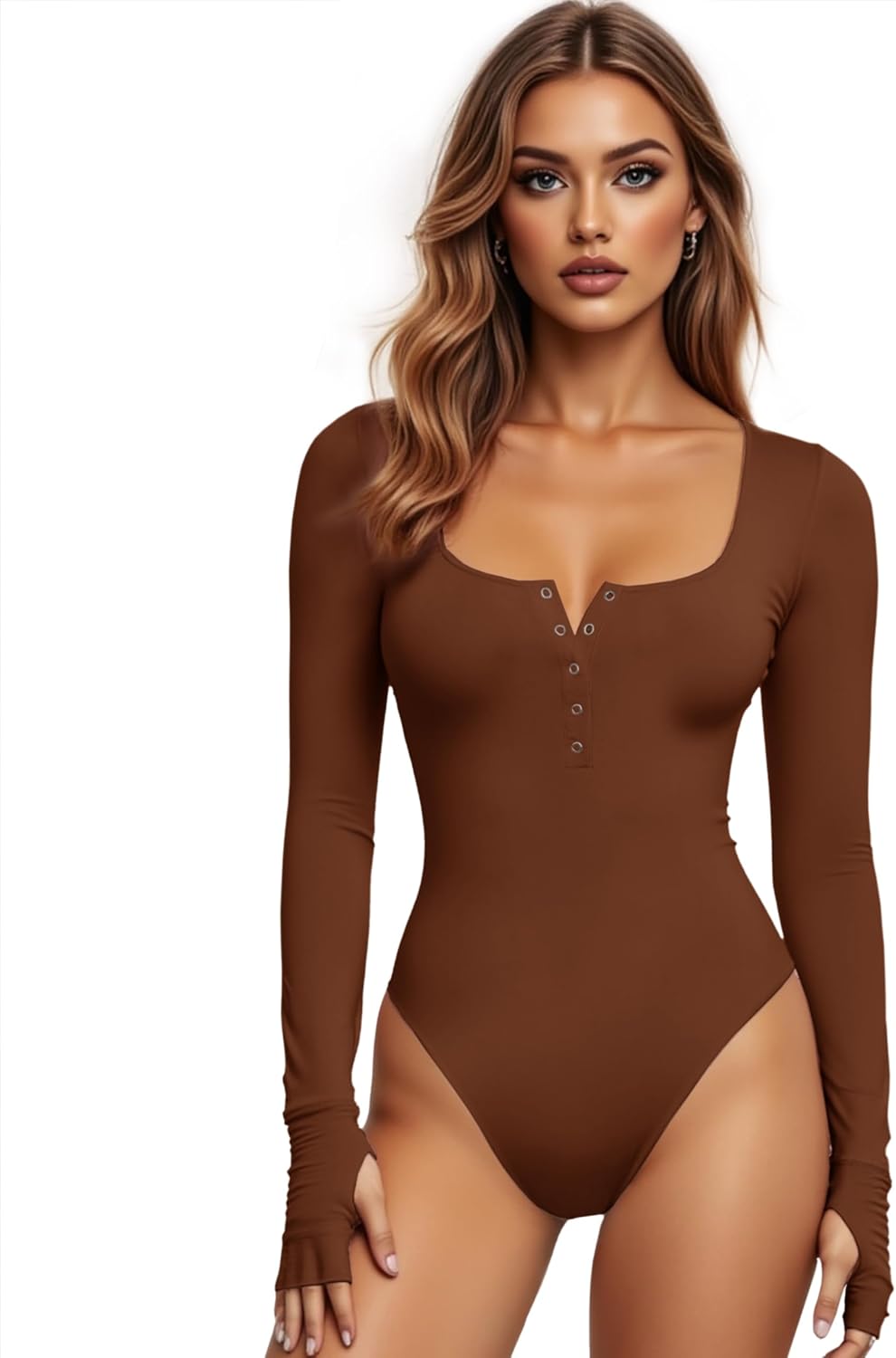 Detalle de GJY Body da donna in viscosa di bambù con chiusura a bottoni e maniche lunghe, scollo rotondo