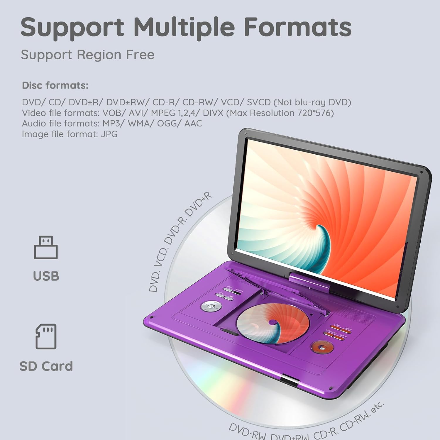 Detalle de BOIFUN BFN-161 Portable DVD Player, 15.6-Inch 1280 × 800 Swivel Screen, Purple