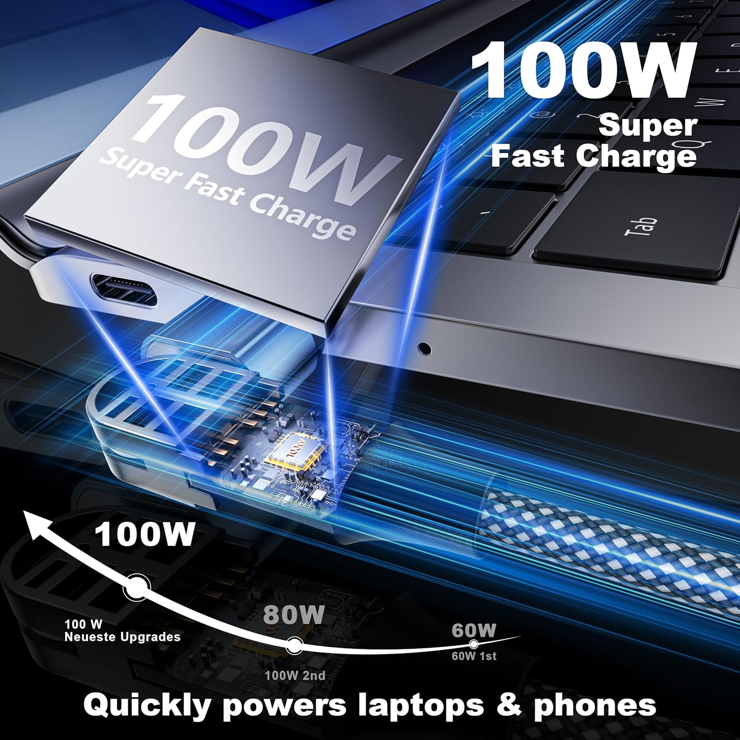 Thumbnail 1 de 100W USB C Magnetic Charging Cable | 180° Rotation, 2 in 1 Charge & Data – 2 Pack (1.2m & 2m) in Blue