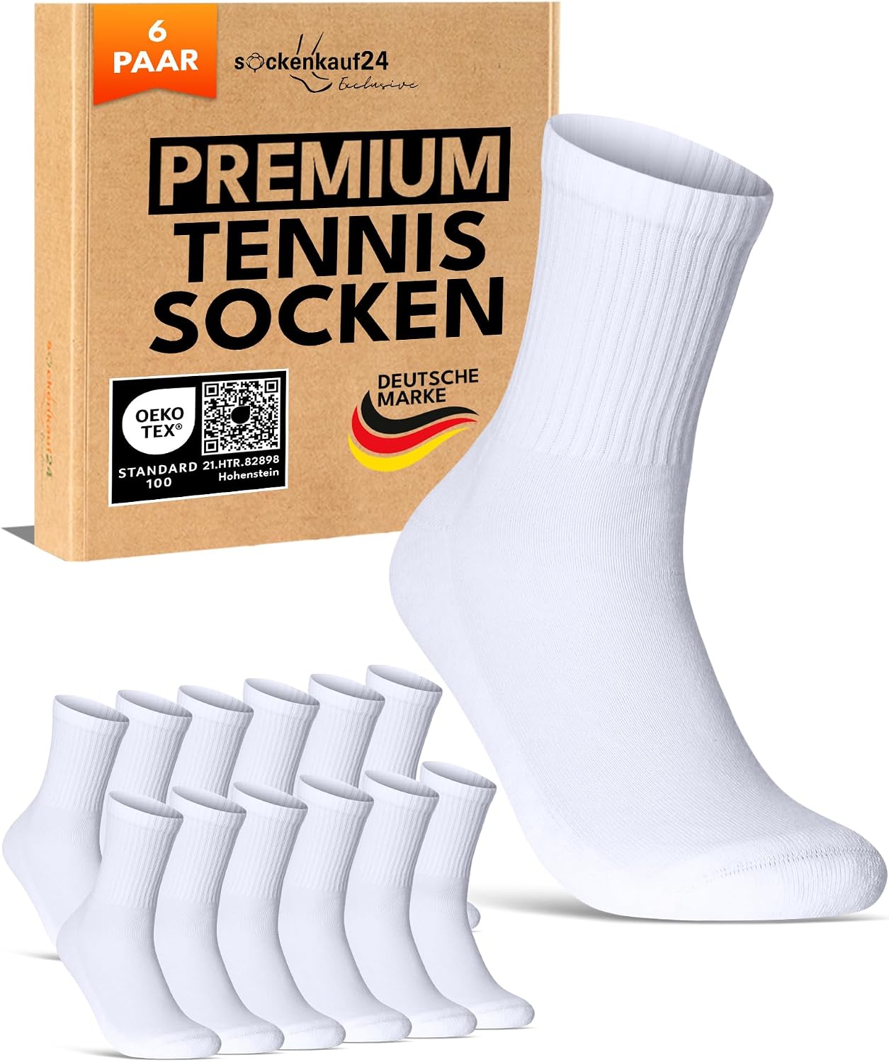 sockenkauf24 Herren Tennissocken (6 Paar) mit verstärkter Ferse und gepolsterter Sohle – atmungsaktiv, Baumwolle
