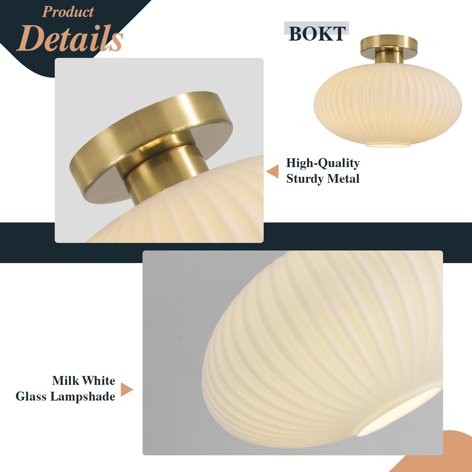 Detalle de BOKT BC1145-FT Mid-Century Ceiling Light with Ribbed Glass and Brushed Brass