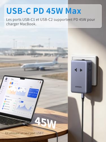 Thumbnail 2 de UGREEN 6 en 1 Adaptateur Prise Universelle Voyage PD 45W – 2 Prises AC + 4 USB