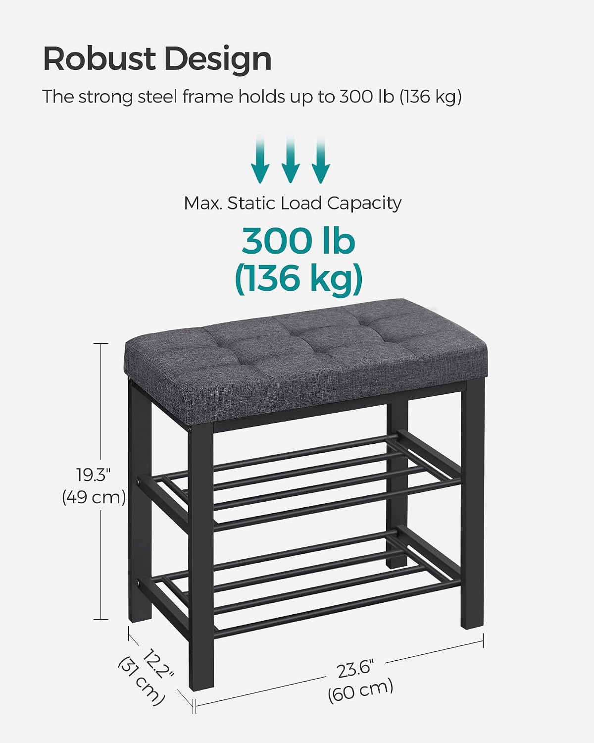 Detalle de SONGMICS ULBS576B33 Shoe Storage Bench, Padded Seat, 2-Tier Metal Rack