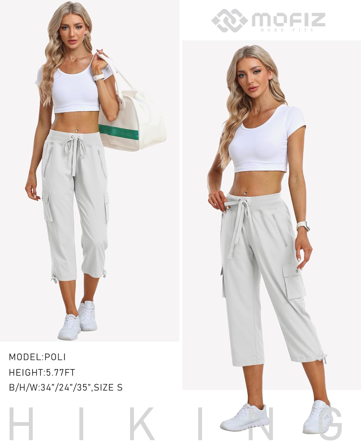 Detalle 2 de MoFiz Pantalon cargo de randonnée femme 3/4 léger respirant à poches zippées