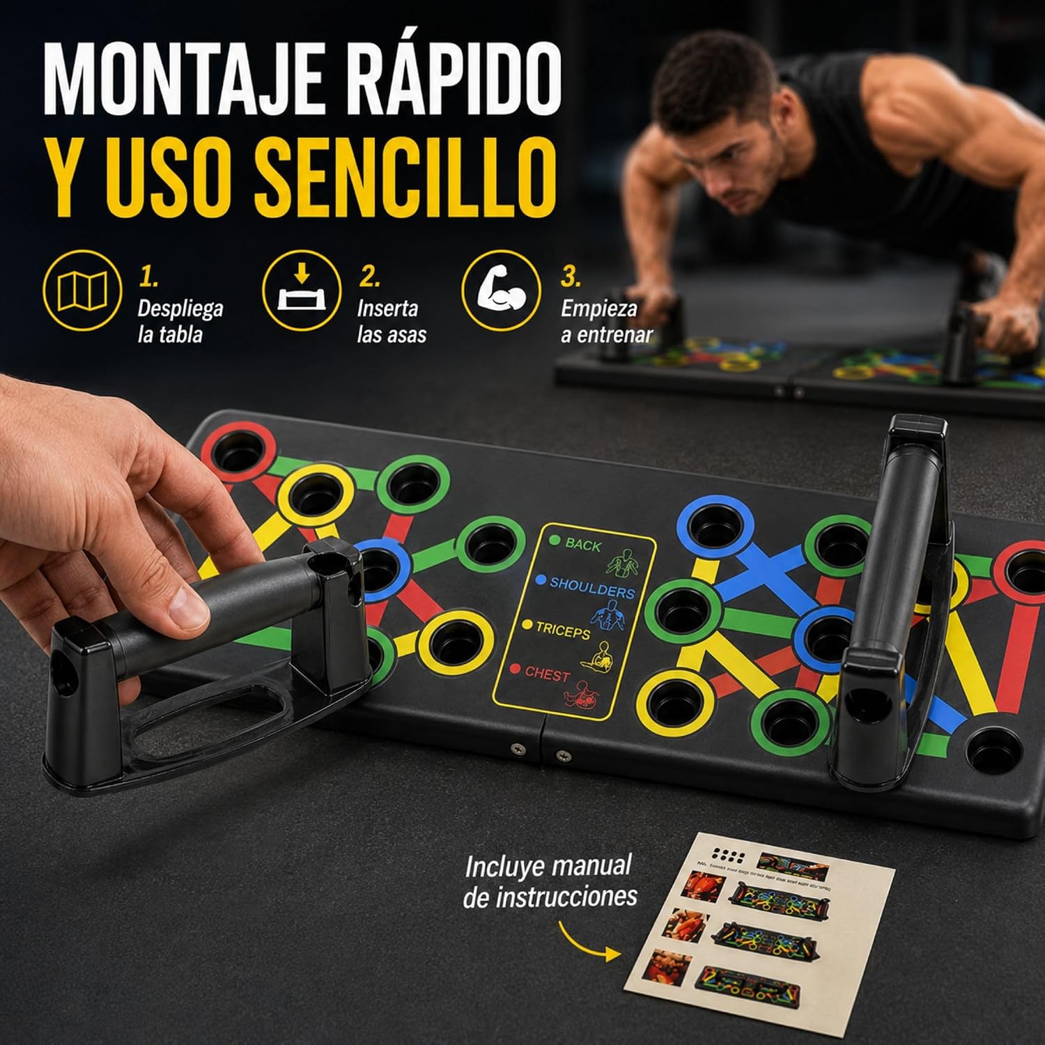 Detalle de MAGIC SELECT 14-in-1 push-up-board met kleurcodes en antislip handgrepen
