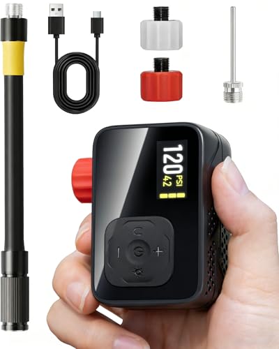 Detalle de Bomba De Bicicleta Eléctrica GPUTEK: 120 PSI, portátil y con medidor digital para válvulas Presta y Schrader
