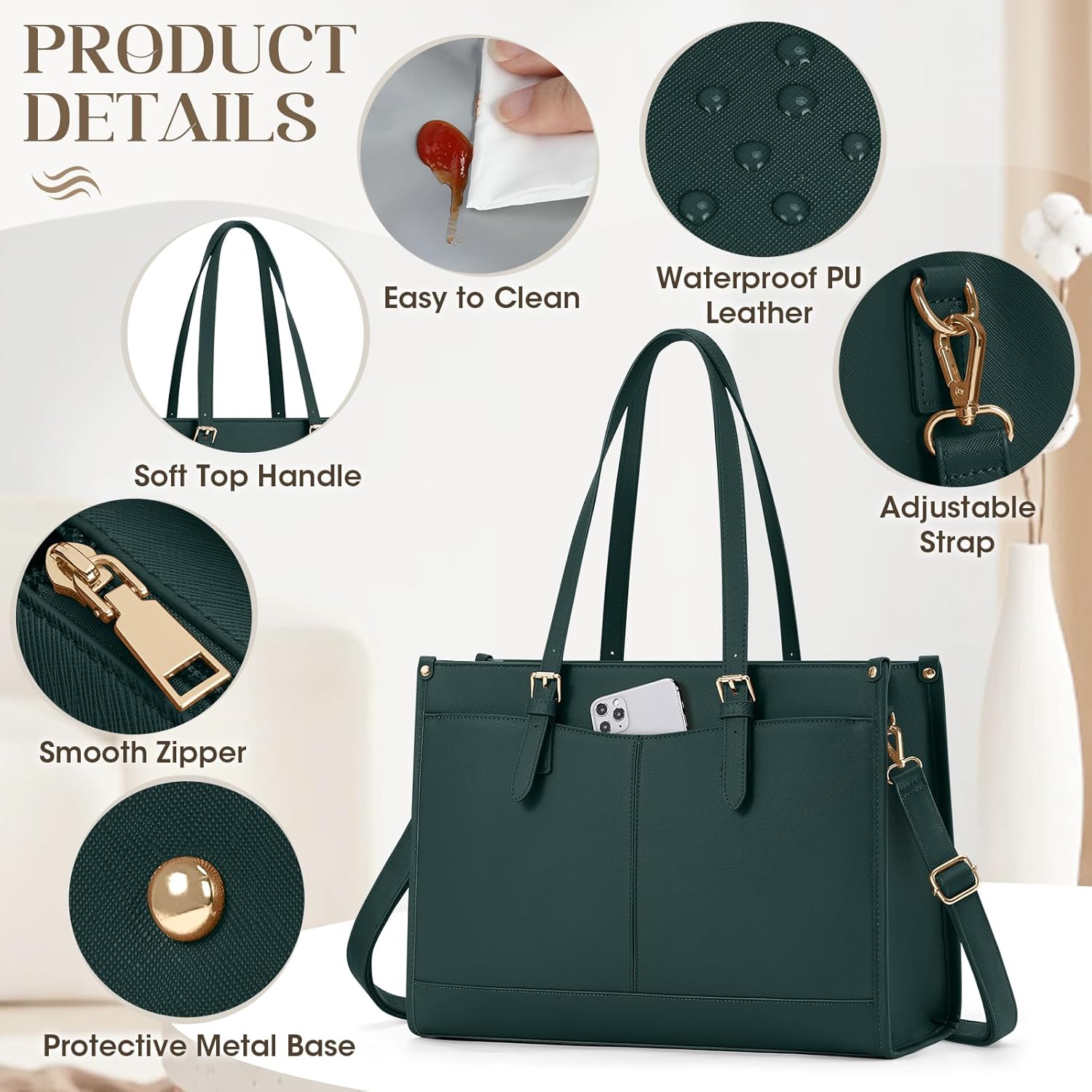 Thumbnail 6 de RAINSMORE Laptoptasche Damen mit isoliertem Lunchfach für 15,6 Zoll – wasserdichtes PU, Dunkelgrün