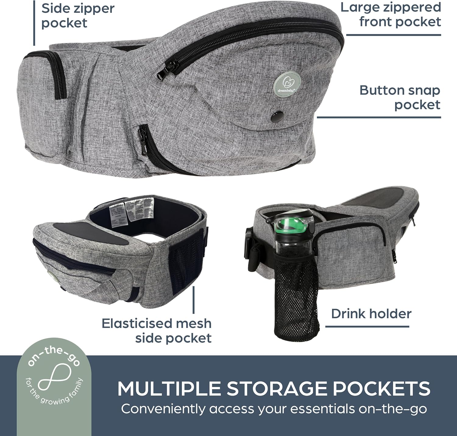 Thumbnail 2 de Dreambaby Up & Go Baby Hip Seat Carrier – lightweight toddler carrier with storage pockets