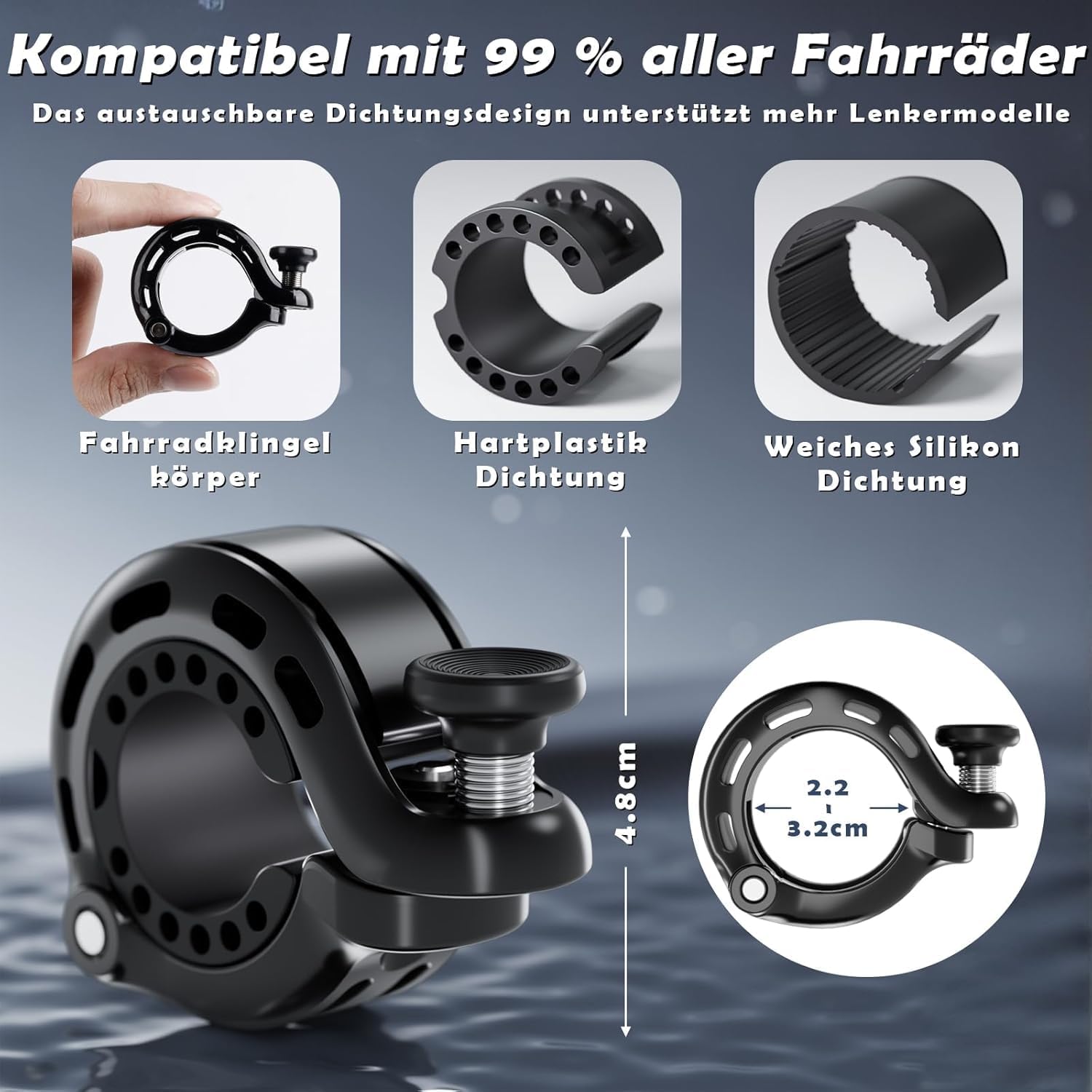 Detalle de Fahrradklingel, innovative Aluminiumlegierung 110 dB – kompakte Lenkerhupe 22–31,8 mm, 2026 Neuheit