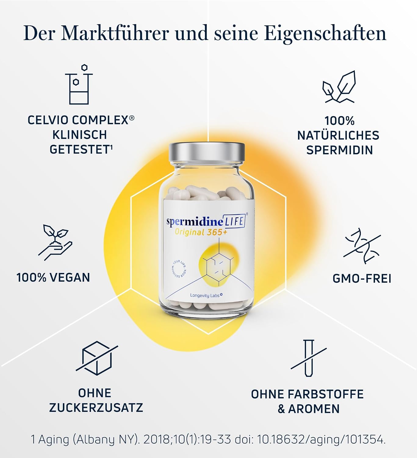 Detalle de spermidineLIFE Original 365+ – Natürlich hochdosiertes Spermidin aus CelVio Weizenkeimextrakt (120 Kapseln)