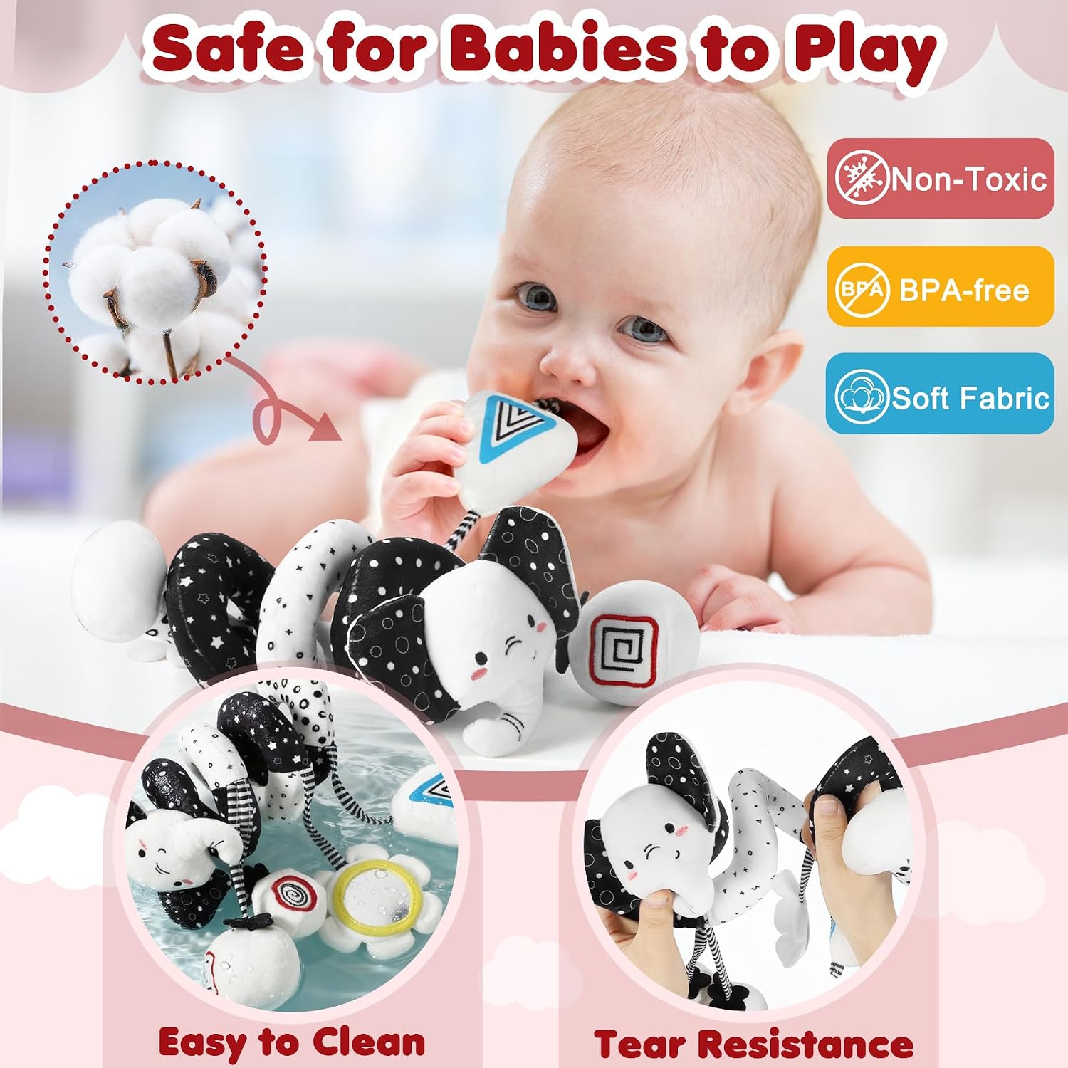 Detalle de URMYWO Spiral Pram Toy for Newborns (0–12 Months) – Black & White High-Contrast Rattles with Giraffe & Hedgehog