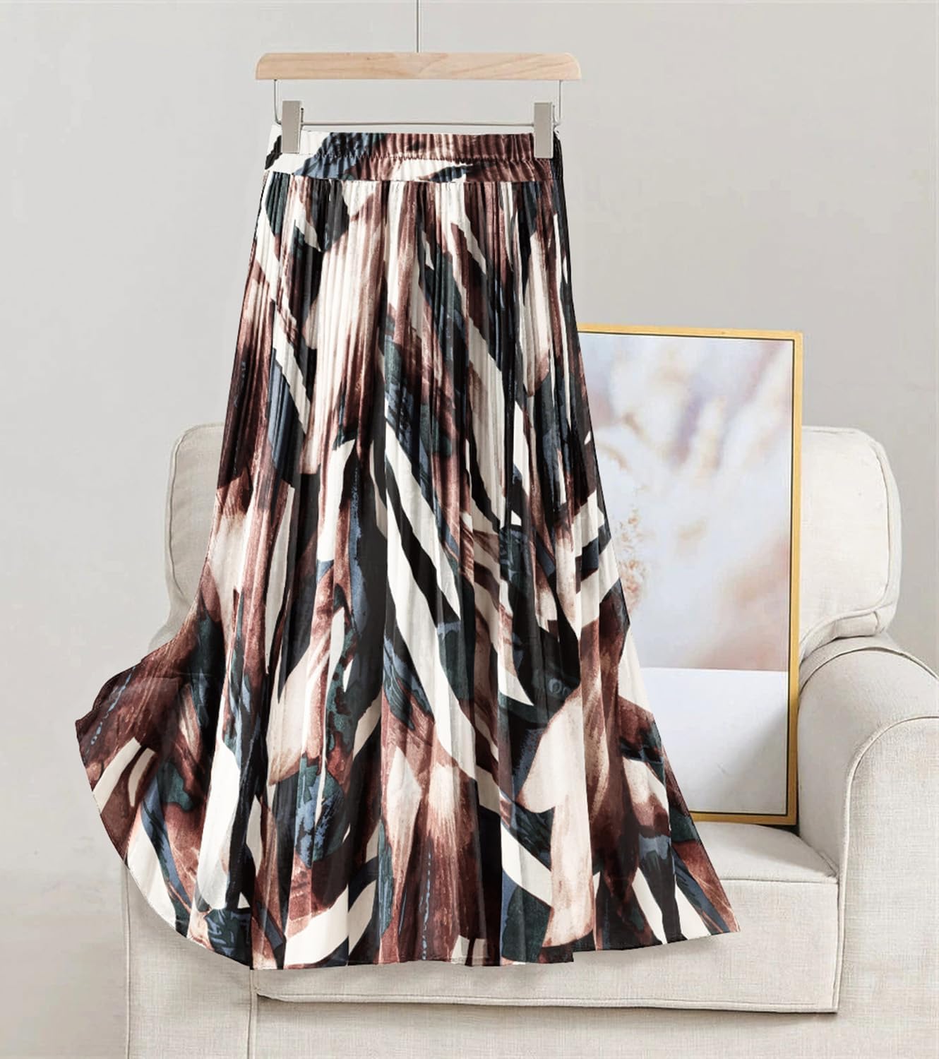 Detalle 2 de Velinsak Women's Long Pleated A-Line Skirt with High Elastic Waist