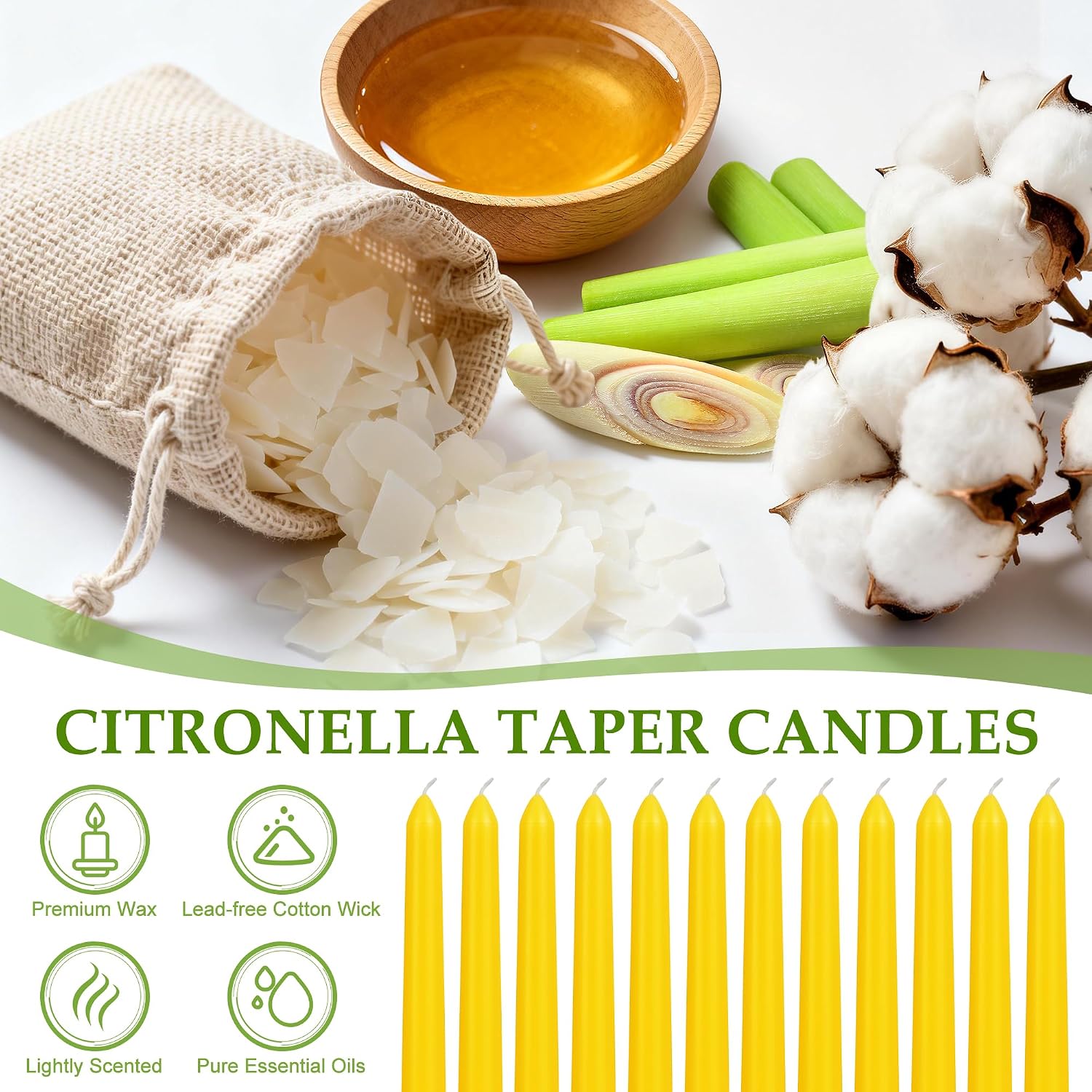 Thumbnail 1 de 12 Bougies Citronnelle en Cire de Soja – Pack 12, durée de combustion indiquée jusqu'à 96 h (8 h par bougie), parfaites pour terrasses et mariages