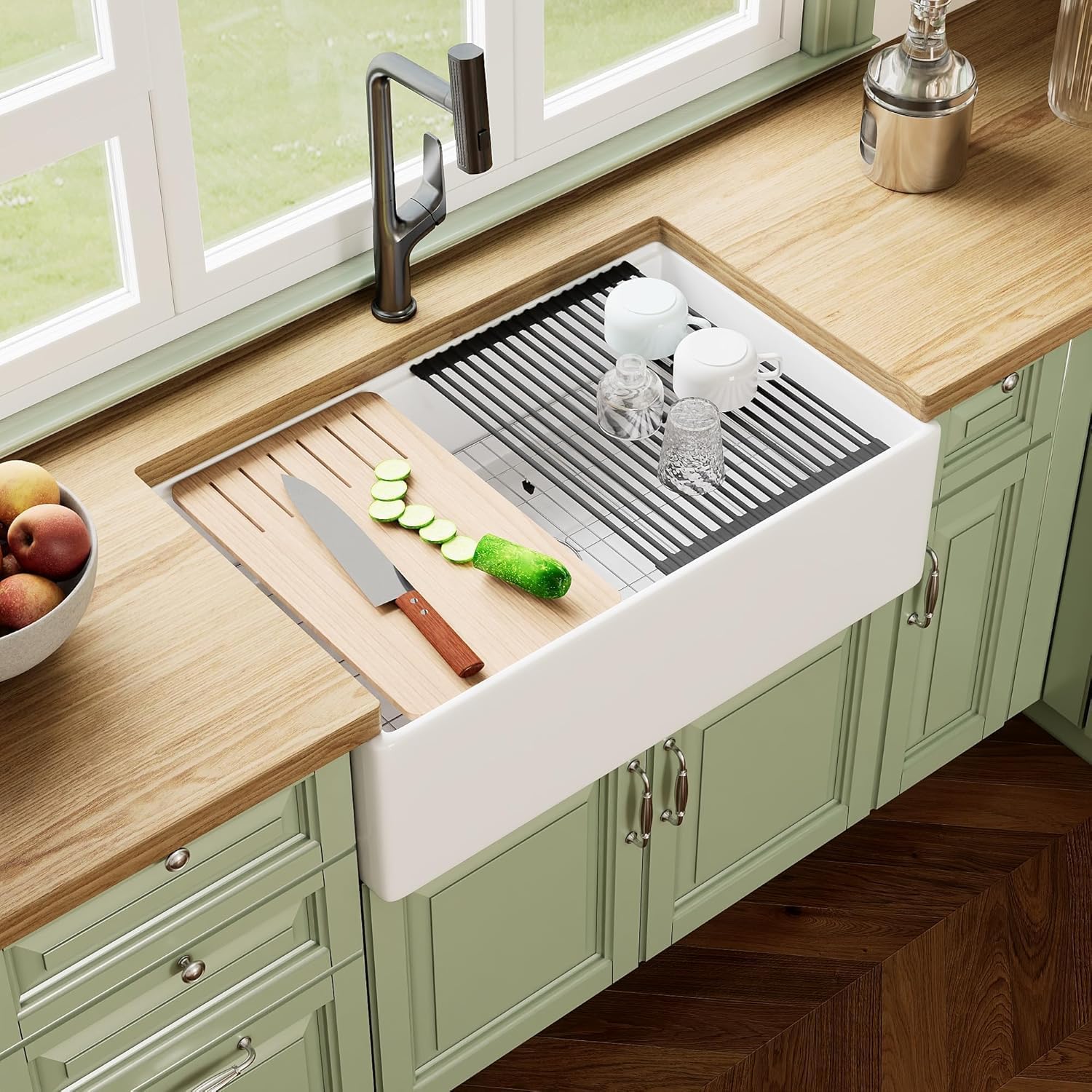 Detalle de DeerValley DV-1K0161W 33-Inch White Fireclay Workstation Farmhouse Sink
