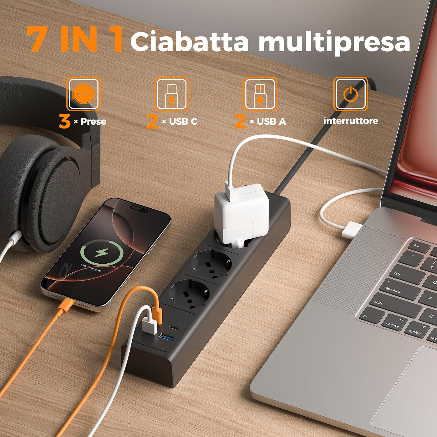 Thumbnail 1 de TESSAN Ciabatta multipresa 7‑in‑1 con 4 prese e 4 USB, 2 m 🔌