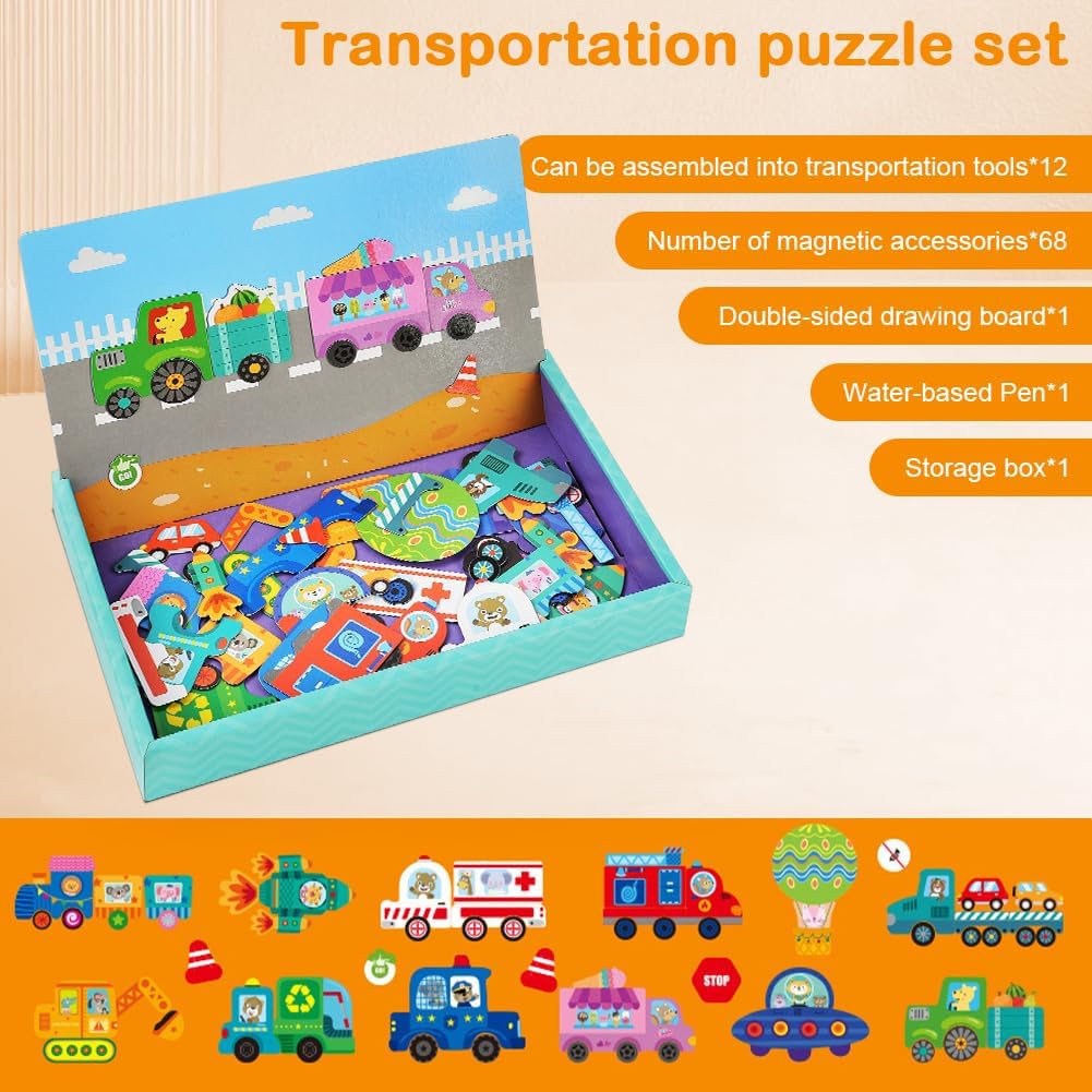 Detalle de Aolso Puzzles Magnétique – Jouet puzzle magnétique 2-en-1 pour enfants 3–5 ans (Transport)